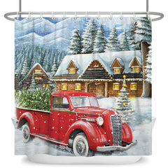 Lofaris Sonwy Red Truck Wood House Christmas Shower Curtain