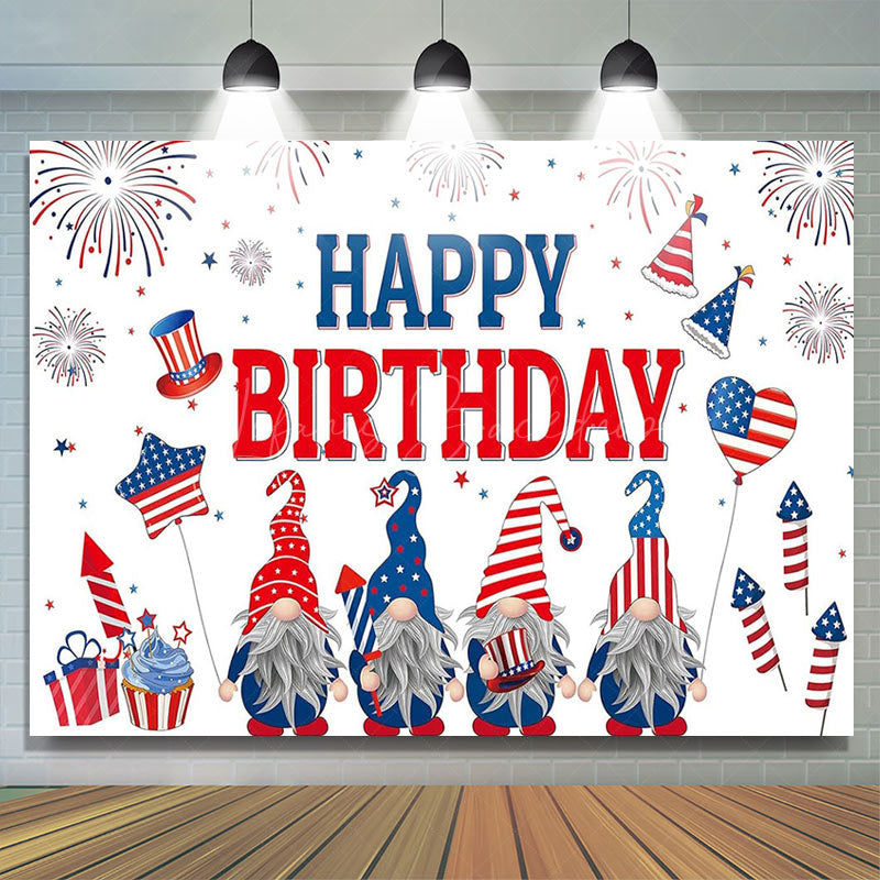 Lofaris Sparkle Usa Flag Gnome White Happy Birthday Backdrop