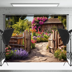 Lofaris Spring Greenery Garden Wooden Door Photo Backdrop