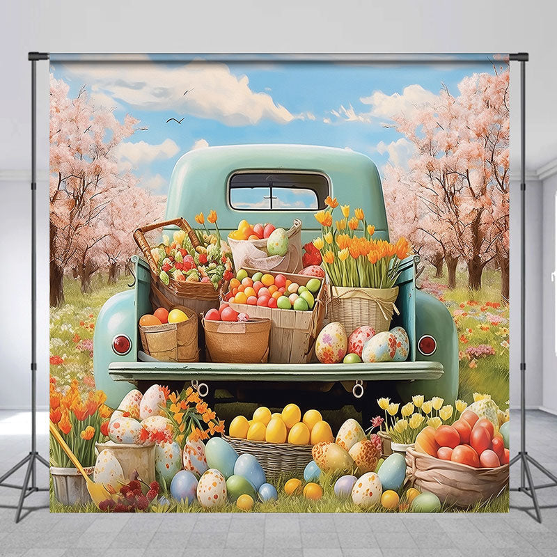 Lofaris Spring Truck Paschal Eggs Cherry Easter Backdrop