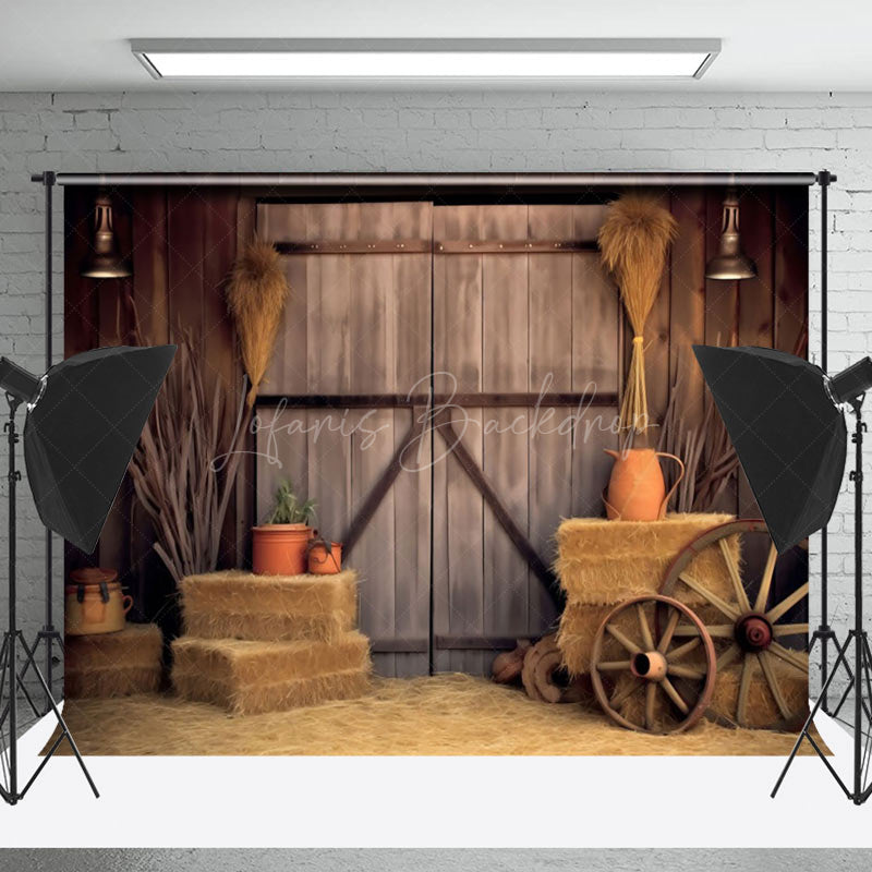 Lofaris Stacked Hay Retro Brown Wooden Barn Door Backdrop