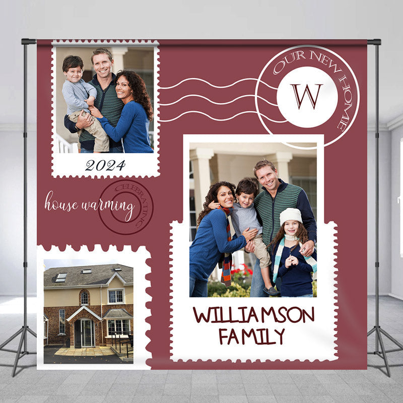 Lofaris Stamp Style Wine Red Custom Photo Housewarming Backdrop