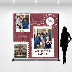 Lofaris Stamp Style Wine Red Custom Photo Housewarming Backdrop