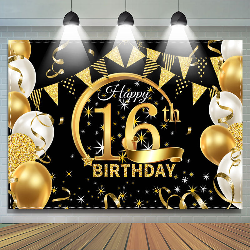 Lofaris Stars Balloons Glitter Black 16th Birthday Backdrop