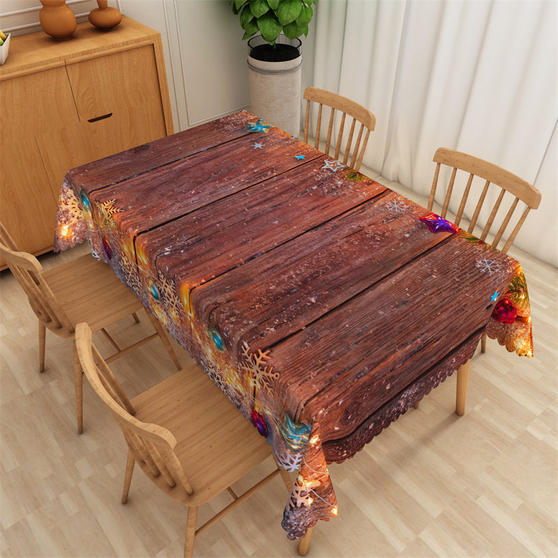 Lofaris Stars Christmas Balls Brown Wood Texture Tablecloth