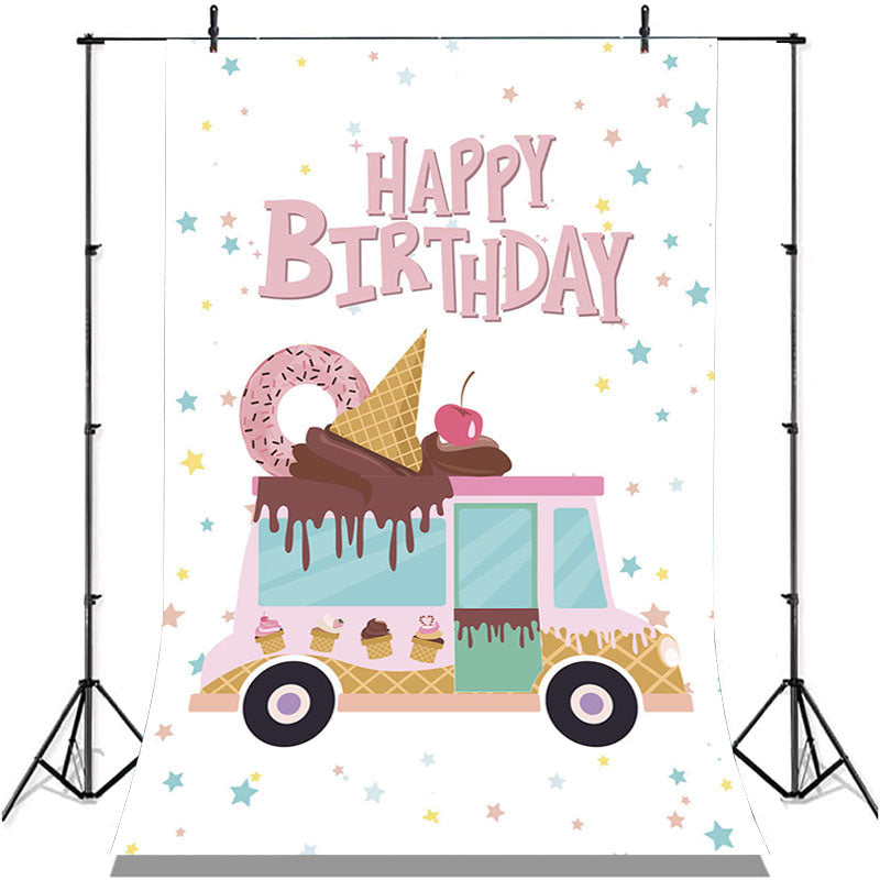 Lofaris Stars Pink Sweet Icecream Donut Car Birthday Backdrop