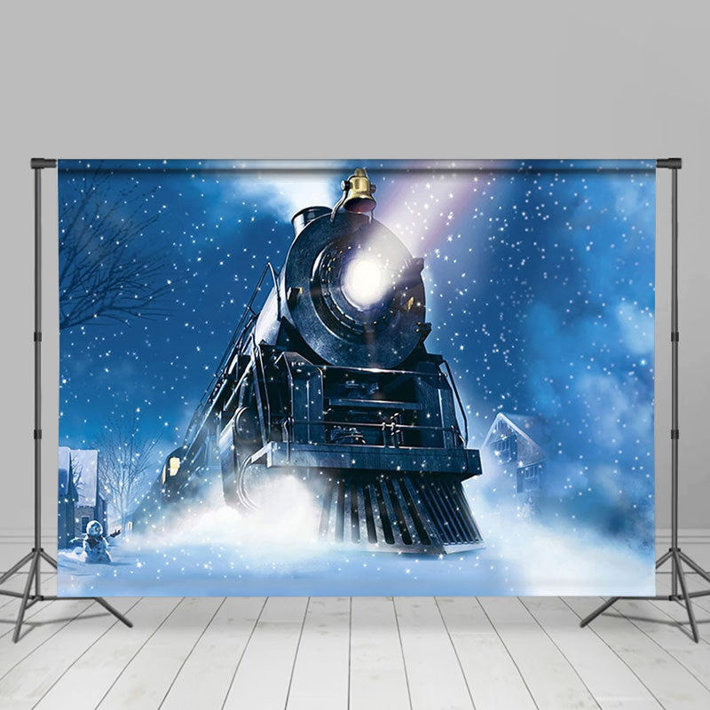 Lofaris Steam Locomotive Light Snowy Winter Blue Backdrop