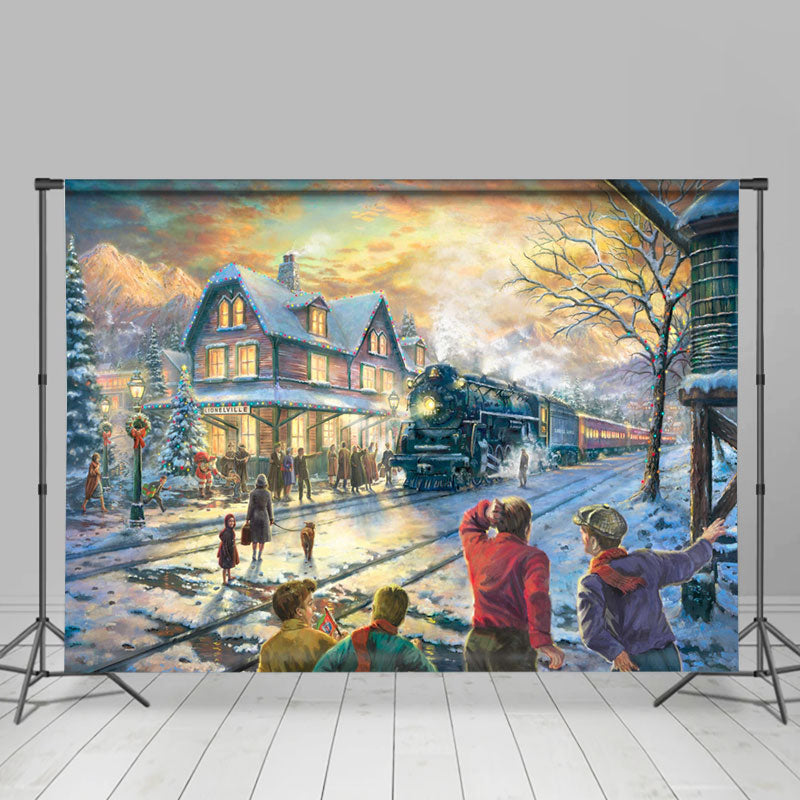 Lofaris Steam Train Path Winter Town Christmas Backdrop