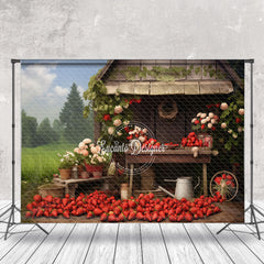 Lofaris Strawberry Blue Sky Grass Farm Wooden House Backdrop