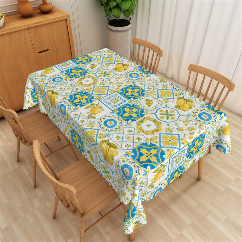 Lofaris Stylish Whtie Blue Yellow Plaid Lemons Tablecloth