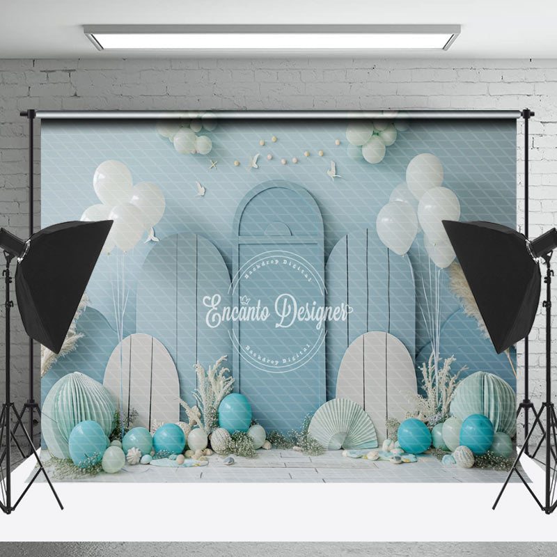 Lofaris Summer Blue Balloons Coastal Cake Smash Backdrop