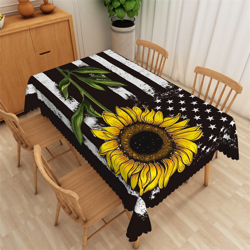 Lofaris Sunflower America Flag white stripe black Tablecloch