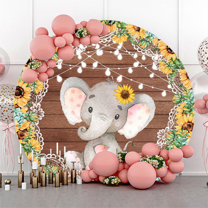 Lofaris Sunflower Elephant Wood Round Baby Shower Backdrop