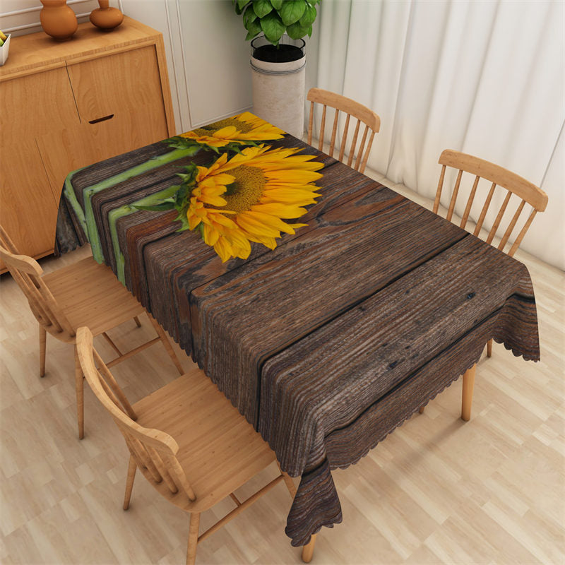 Lofaris Sunflower Floral Brown Wood Rectangle Tablecloch