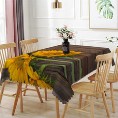 Lofaris Sunflower Floral Brown Wood Rectangle Tablecloch