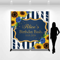 Lofaris Sunflower Navy Blue Stripe Custom Birthday Backdrop