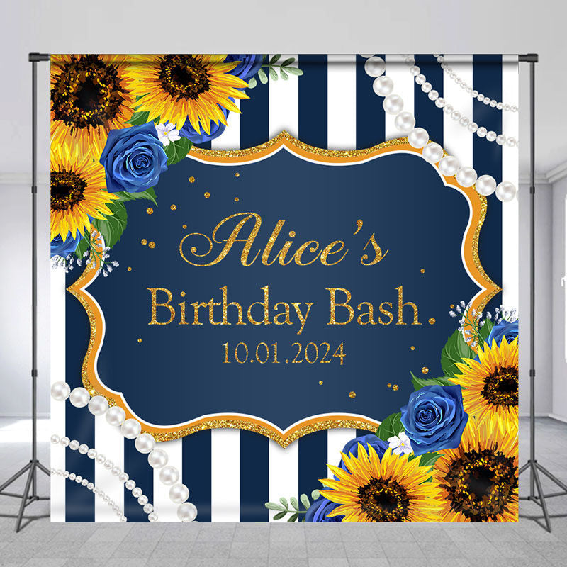 Lofaris Sunflower Navy Blue Stripe Custom Birthday Backdrop