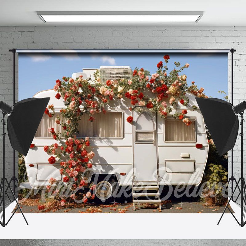 Lofaris Sunny Sky Floral White RV Photo Spring Backdrop