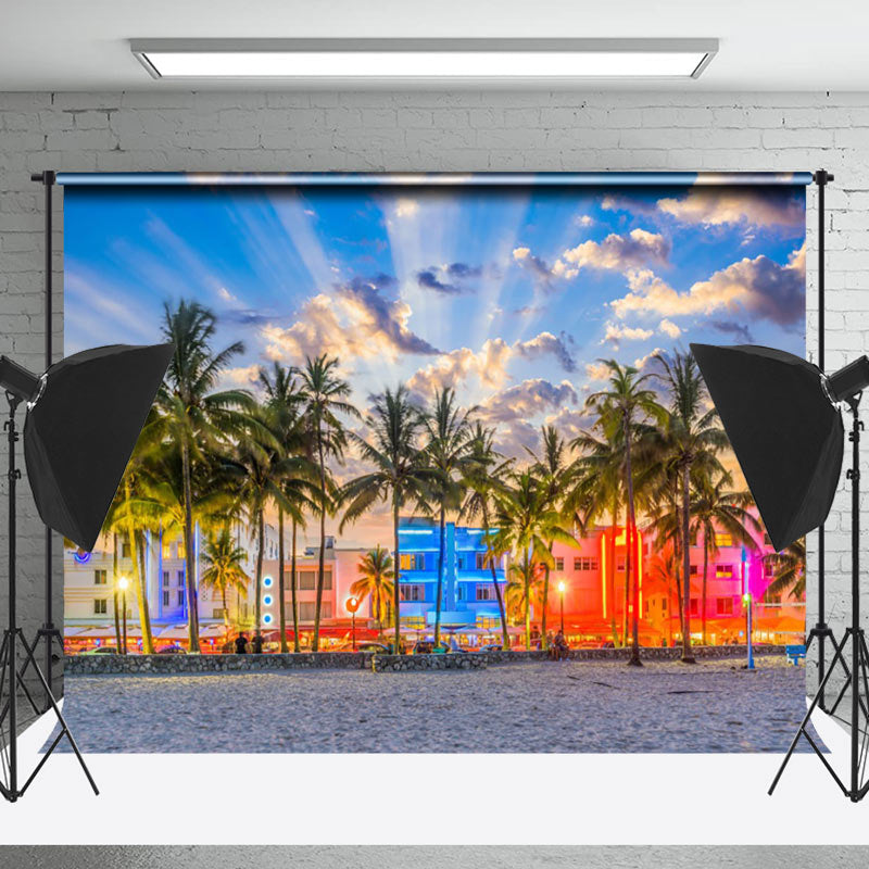 Lofaris Sunset Neon Light Town Palm Tree Summer Backdrop