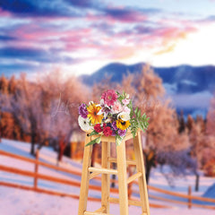 Lofaris Sunset Snowy Tree House Winter Photography Backdrop