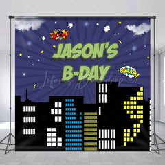 Lofaris Superhero City Night Custom Name Birthday Backdrop