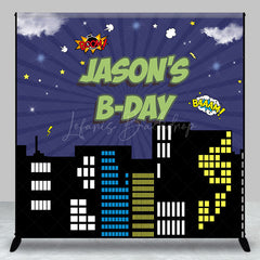 Lofaris Superhero City Night Custom Name Birthday Backdrop