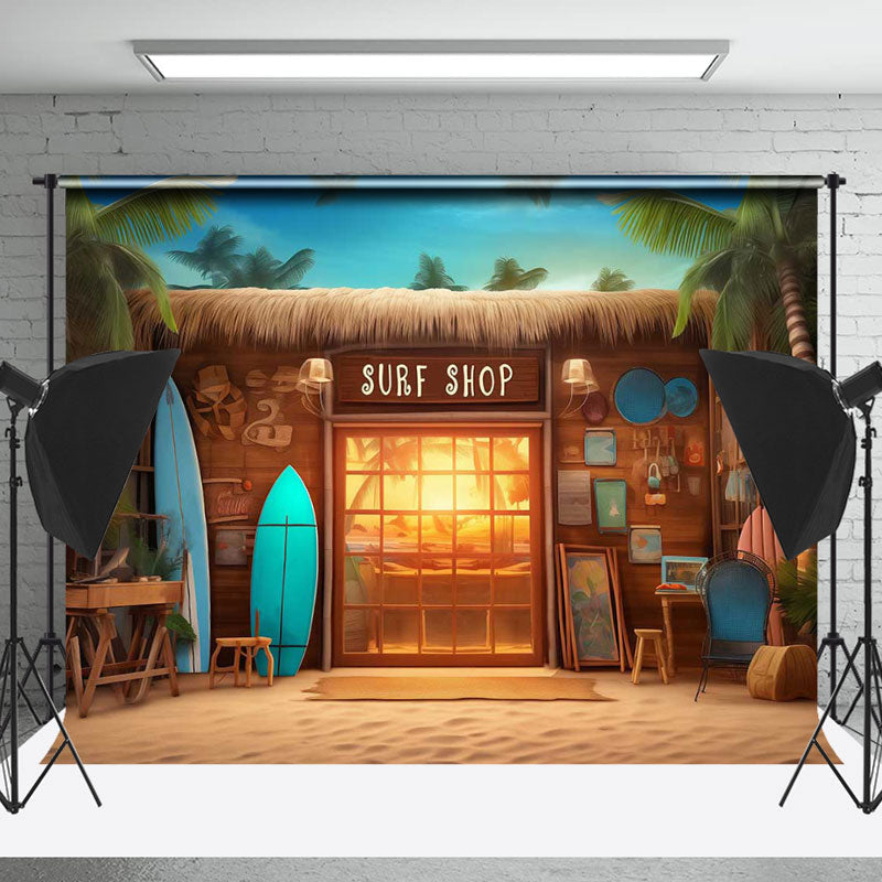 Lofaris Surf Shop Summer Sunset Beach Tree Photo Backdrop