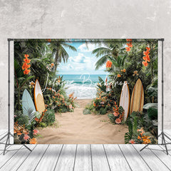 Lofaris Surfboard Palm Leaves Sandy Beach Summer Backdrop