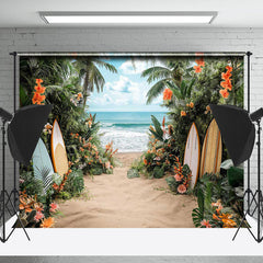 Lofaris Surfboard Palm Leaves Sandy Beach Summer Backdrop