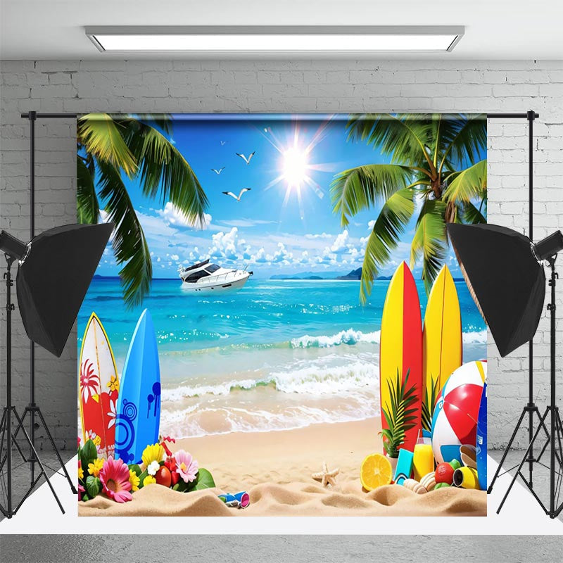 Lofaris Surfboard Palm Trees Ship Sandy Floral Summer Backdrop