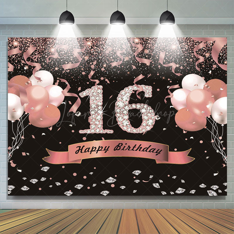 Lofaris Sweet 16 Pink Black Glitter Balloon Birthday Backdrop