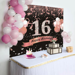 Lofaris Sweet 16 Pink Black Glitter Balloon Birthday Backdrop