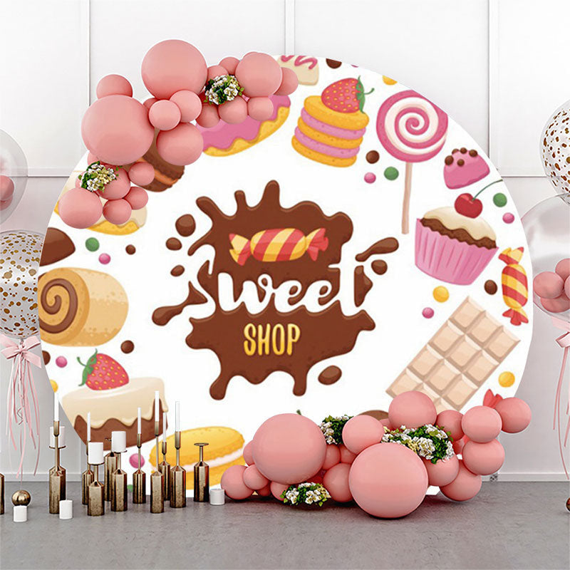 Lofaris Sweet Candy Shop Cakes White Round Backdrop Cover