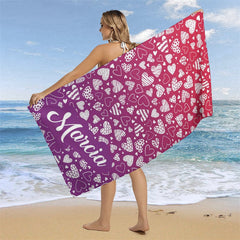 Lofaris Sweet Hearts Gradient Purple Custom Name Beach Towel