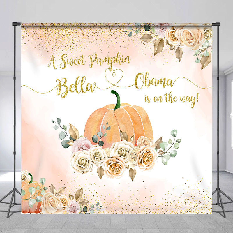 Lofaris Sweet Pumpkin Floral Custom Name Baby Shower Backdrop