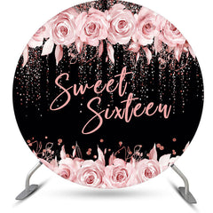 Lofaris Sweet Sixteen Rose Black Round 16 Birthday Backdrop