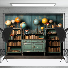 Lofaris Teal Bookcase Globe Retro Wall Backdrop For Photo