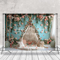 Lofaris Teal Wall Pink Floral Tent Wedding Photo Backdrop