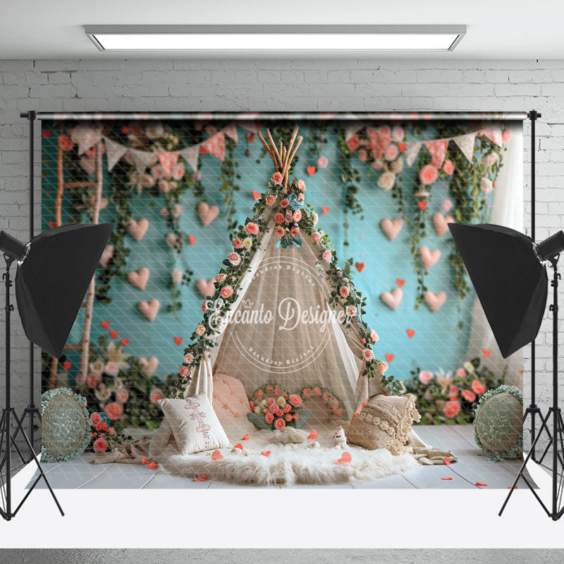 Lofaris Teal Wall Pink Floral Tent Wedding Photo Backdrop