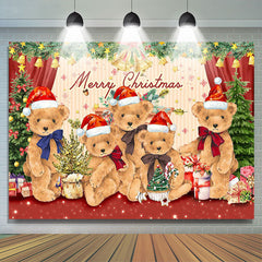 Lofaris Teddy Bear Red Green Plants Merry Christmas Backdrop