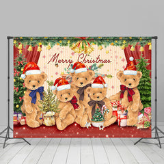 Lofaris Teddy Bear Red Green Plants Merry Christmas Backdrop