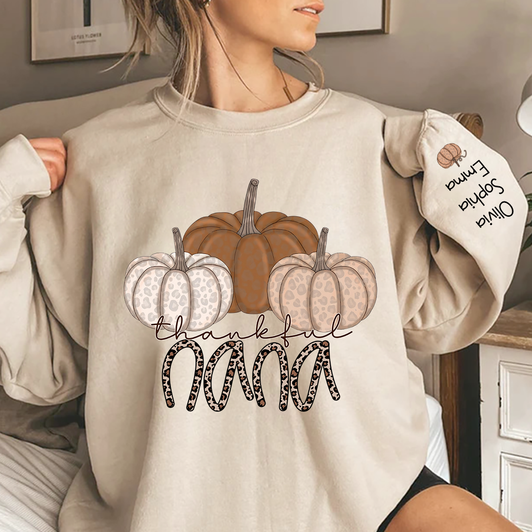 Lofaris Thankful Nana Pumpkin Leopard and Grandkids on sleeve Sweatshirt