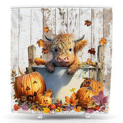 Lofaris Thanksgiving Maple Cow Pumpkin Wooden Shower Curtain