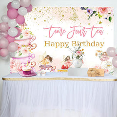 Lofaris Time Four Tea Cups Fairy Floral Birthday Backdrop