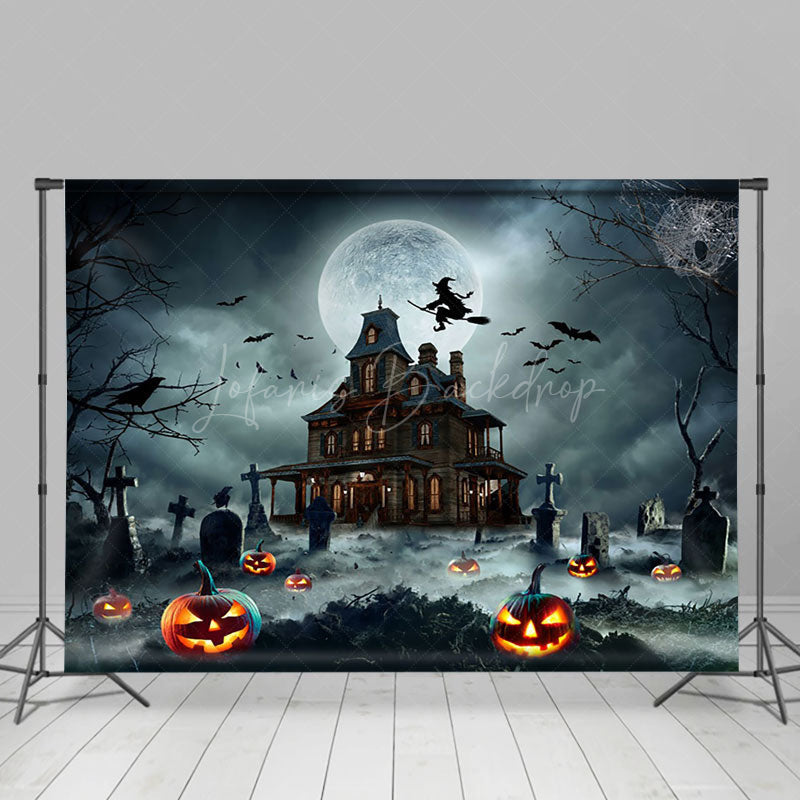 Lofaris Tomb Manor Witch Moon Night Pumpkin Happy Halloween Backdrop