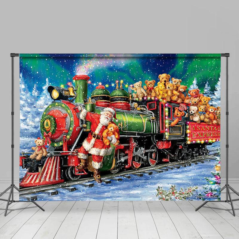 Lofaris Train Bear Toy Santa Claus Snowy Christmas Backdrop