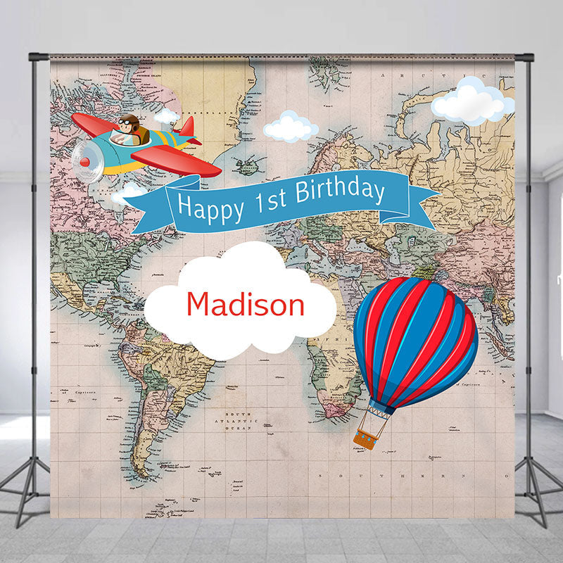 Lofaris Travel Map Aircraft Custom 1st Birthday Backdrop