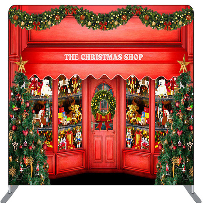 Trees And Red Christmas Shop Party Backdrop Cover - Lofaris