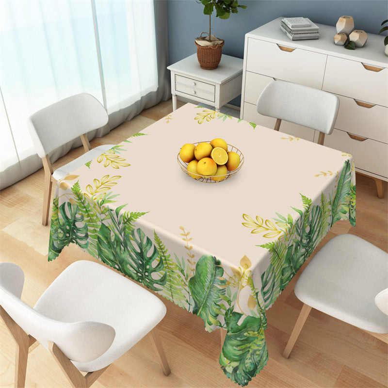 Lofaris Tropical Green Golden Leaves Dining Room Tablecloth