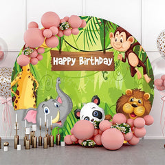 Lofaris Tropical Green Leaves Animals Round Birthday Backdrop